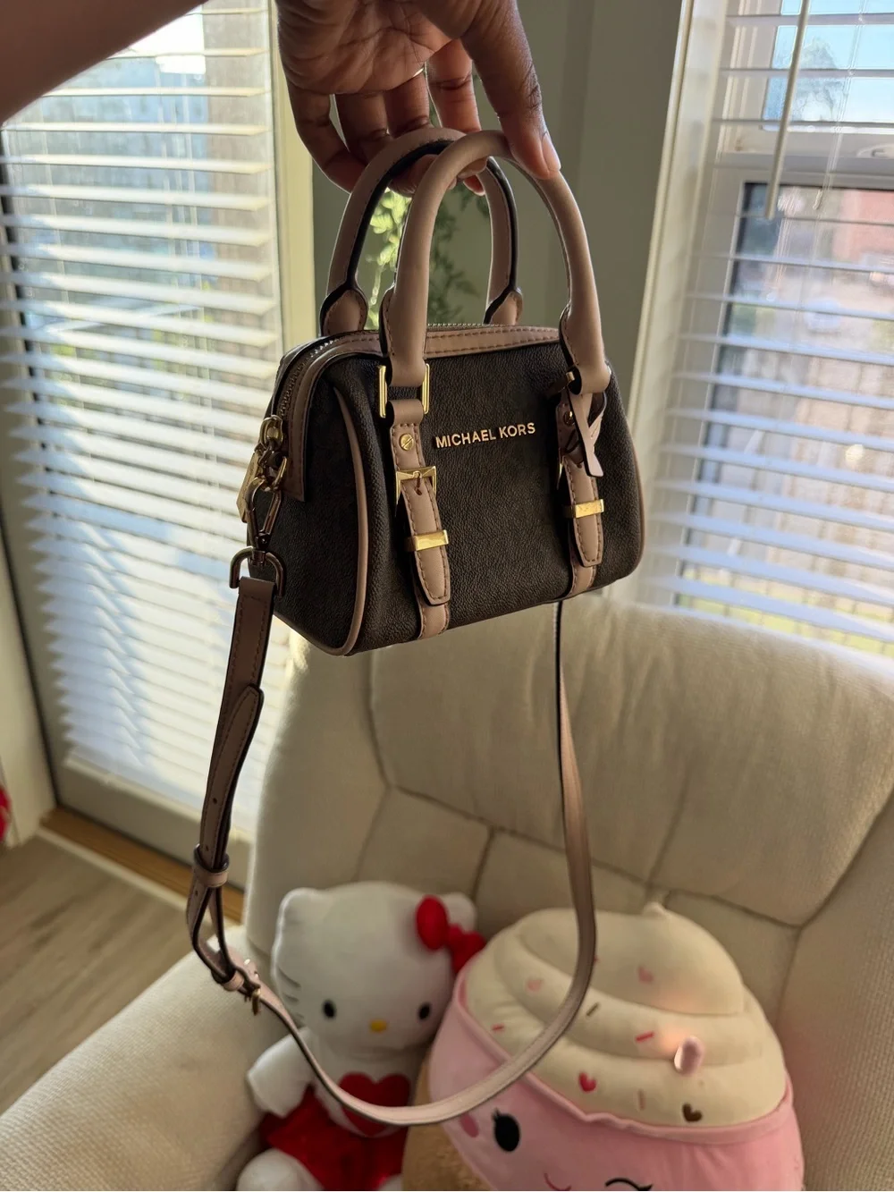 Michael Kors Brown Logo Mini Satchel with Pale Pink Trim